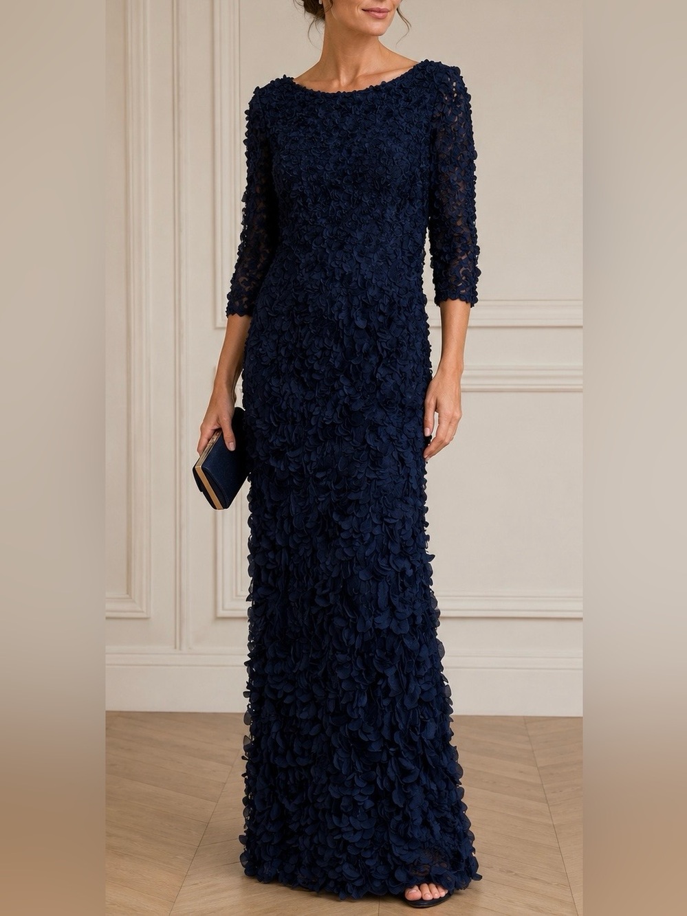 Theia Navy Floral Appliqué Gown - size 10